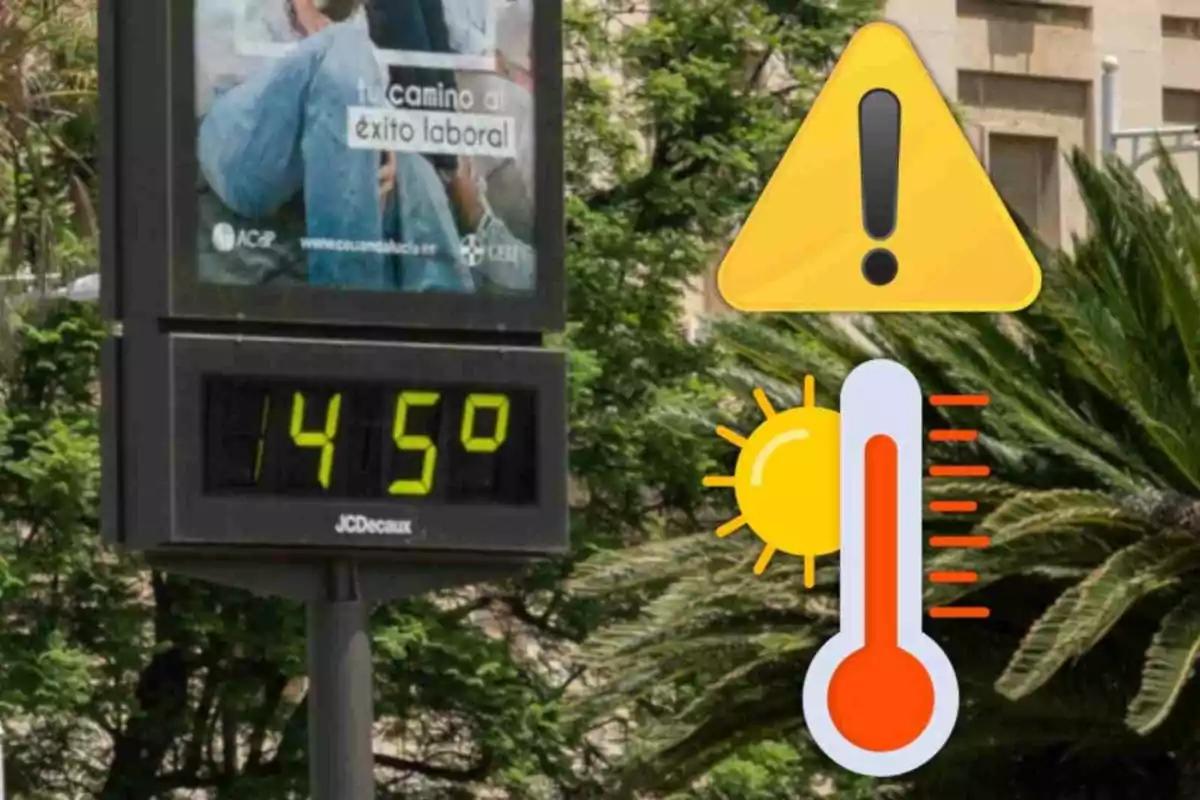 Termómetro digital en la calle marcando 45 grados con iconos de advertencia y calor extremo