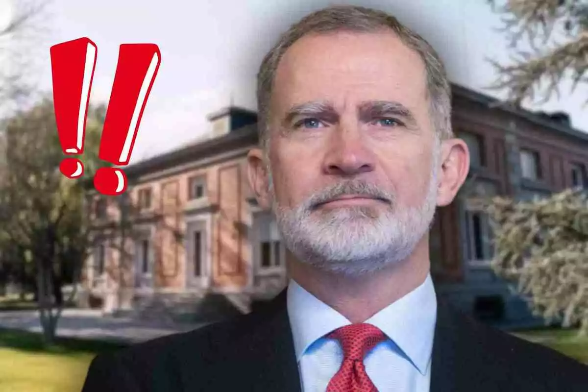 El rey Felipe con barba canosa, traje y corbata roja frente a la Zarzuela con dos signos de exclamación rojos a su lado