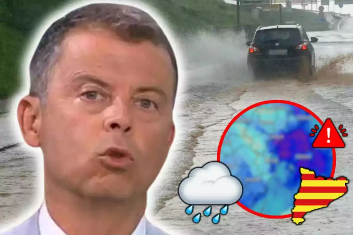 Francesc Mauri hablando sobre condiciones climáticas adversas con un coche conduciendo por una carretera inundada y símbolos de alerta meteorológica.