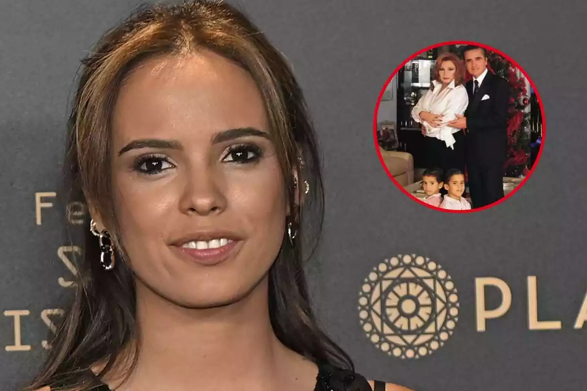 Montaje de fotos de Gloria Camila mirando a cámara sonriendo y una imagen inédita de ella y su hermano con sus padres, Rocío Jurado y José Ortega Cano
