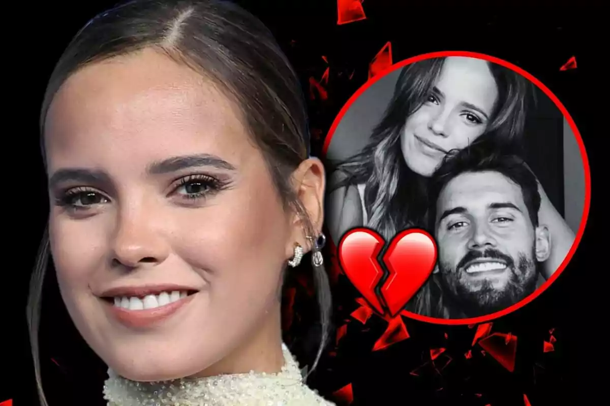 Gloria Camila Ortega sonriente en primer plano con un círculo a la derecha que muestra una foto en blanco y negro de ella abrazada a su ex, David García, con un corazón roto superpuesto.