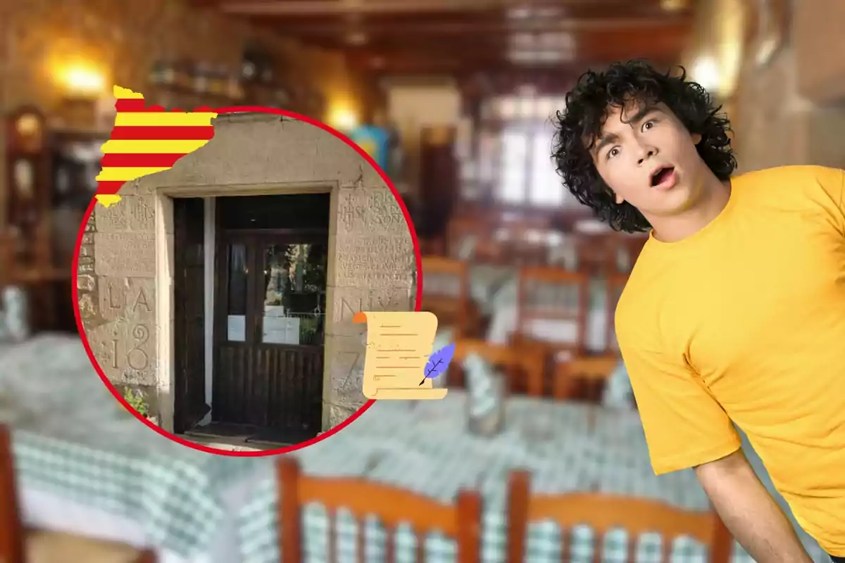 Un joven con camiseta amarilla parece sorprendido mientras se encuentra en un restaurante con manteles a cuadros verdes y blancos; en la imagen también se muestra una puerta antigua enmarcada por un círculo rojo, con un mapa de Cataluña y un pergamino con una pluma.