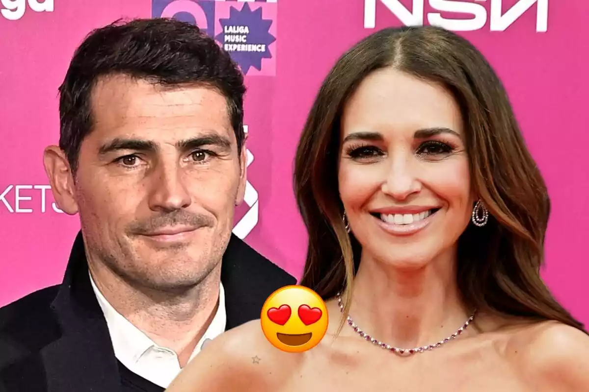 Montaje de fotos en primer plano de Iker Casillas y Paula Echevarría sonriendo con un emoticono con ojos de corazón