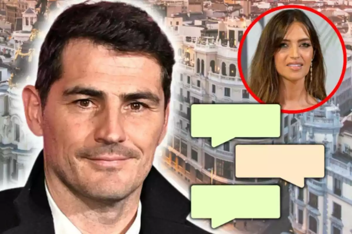 Montaje de fotos de primer plano de Íker Casillas y Sara Carbonero, ambos con rostro neutro y una imagen de Madrid de fondo.