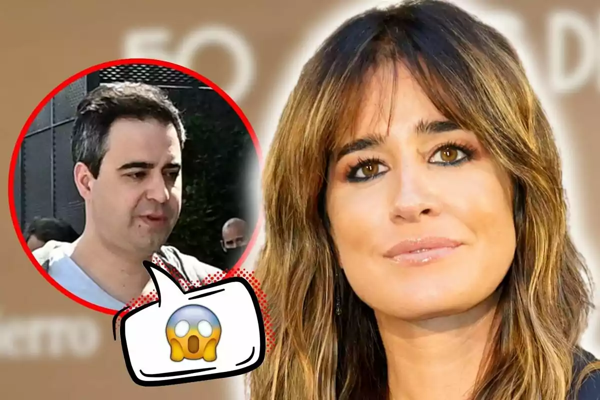 Isabel Jiménez con cabello castaño y expresión seria aparece en primer plano, mientras que en un círculo rojo a la izquierda se muestra a Álex Cruz con cabello oscuro y expresión neutral; un emoji de sorpresa está superpuesto en la imagen.