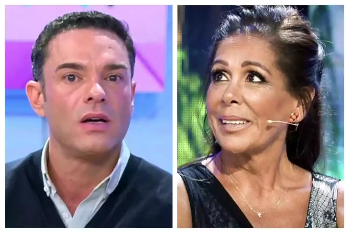 Dos personas en un programa de televisión, una de ellas es Isabel Pantoj con expresión de sorpresa y la otra es Antonio Rossi con rostro serio.