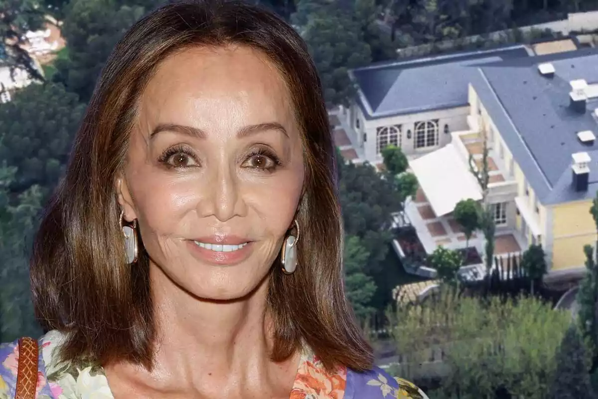 Montaje de fotos de Isabel Preysler en primer plano mirando a cámara sonriendo y de fondo una imagen exterior de su mansión