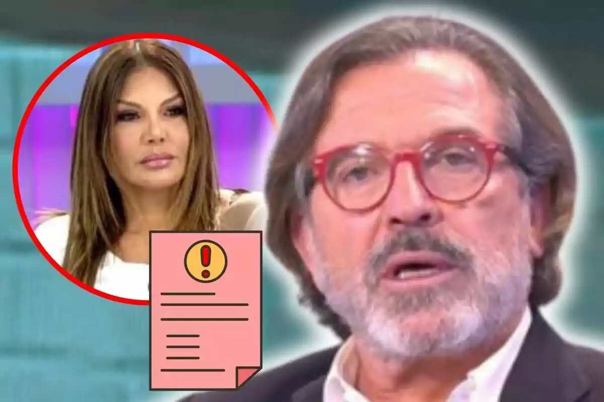 Montaje de fotos de primer plano de Pepe Navarro e Ivonne Reyes, ambos con rostro serio y un emoji de un documento al lado.