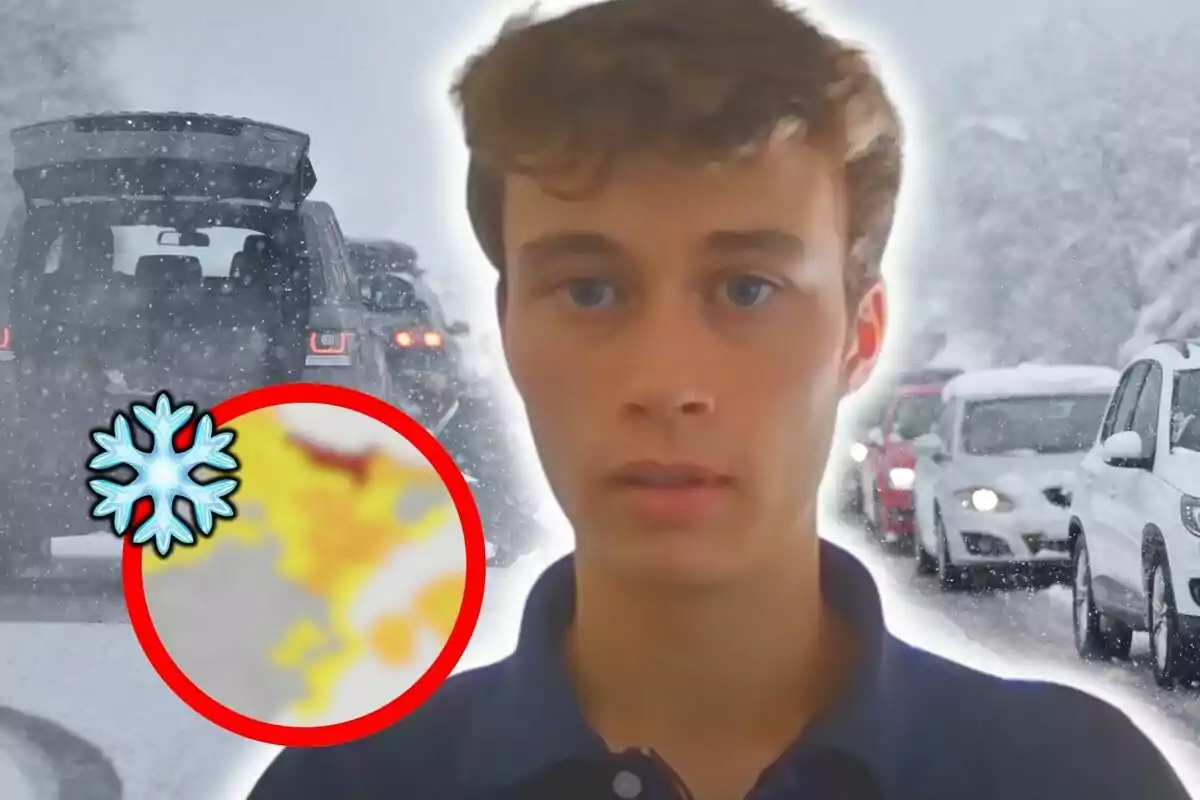 Jorge Rey frente a una imagen de tráfico en una carretera nevada con un símbolo de copo de nieve y un mapa borroso en un círculo rojo.