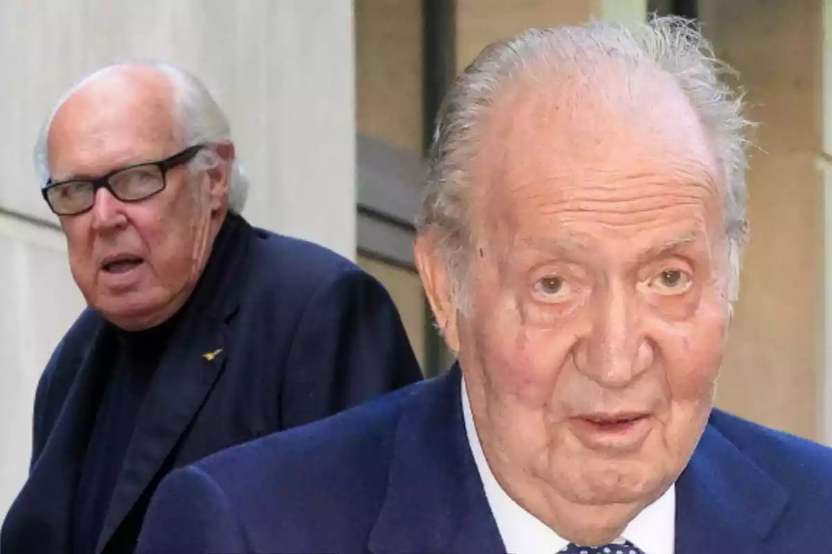 Montaje de fotos de Juan Carlos I en primer plano mirando a cámara con el rostro serio y a su lado Víctor Manuel de Saboya Montaje de fotos de Juan Carlos I en primer plano mirando a cámara con el rostro serio y a su lado Víctor Manuel de Saboya