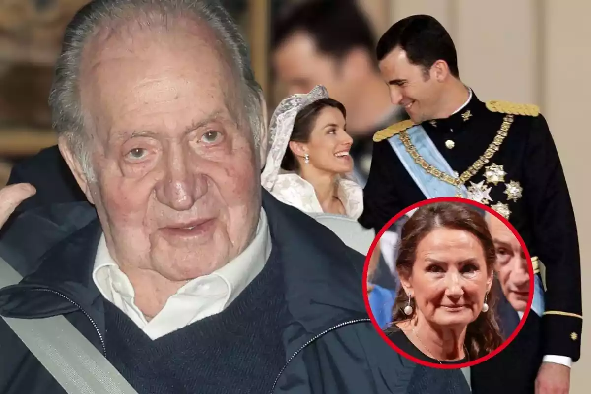 Montaje de fotos del rey Juan Carlos I en primer plano mirando a cámara junto a una imagen circular de Paloma Rocasolano y una imagen de los reyes Letizia y Felipe recién casados