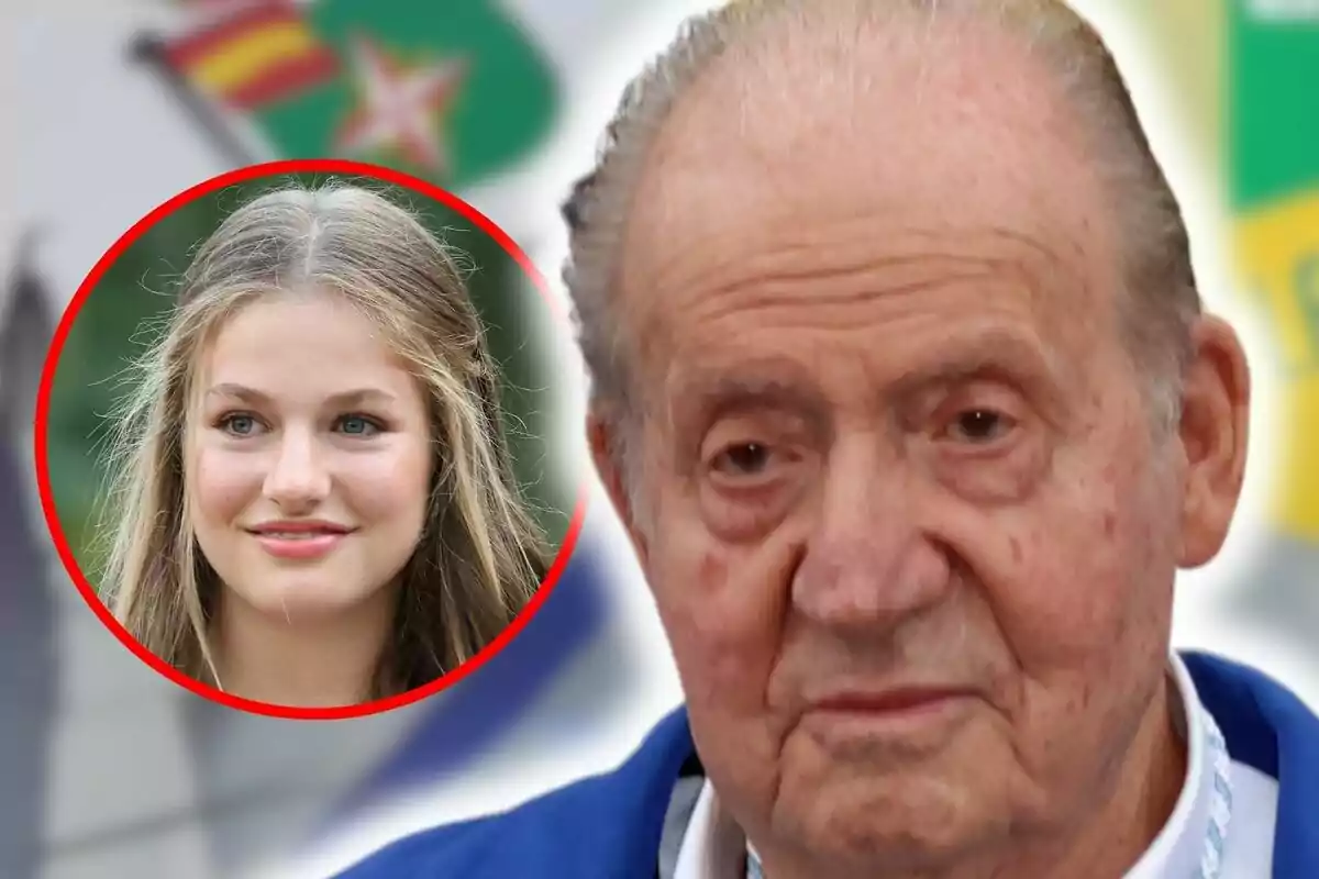 Montaje de fotos de Juan Carlos I con expresión seria en primer plano y una imagen de la princesa Leonor de Borbón en un círculo rojo en la esquina superior izquierda, con banderas desenfocadas en el fondo.