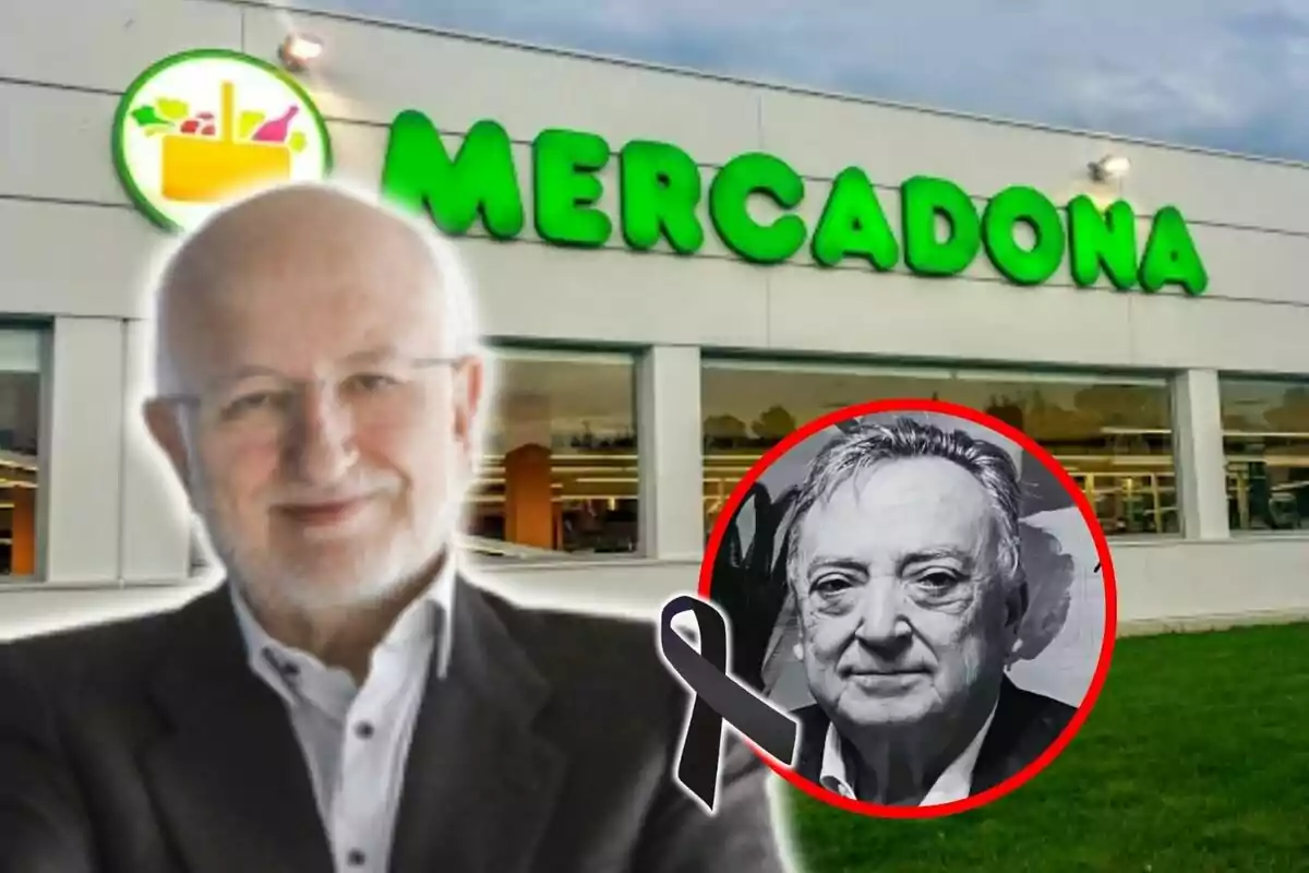 Juan Roig con barba y gafas aparece frente a un supermercado Mercadona, junto a un círculo rojo que contiene la imagen en blanco y negro de Miguel Burdeos con un lazo negro de luto.