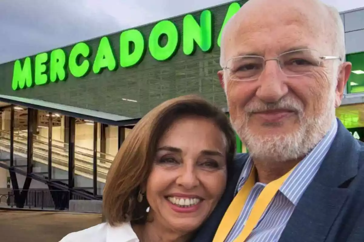 Montaje de fotos de Juan Roig, el presidente de Mercadona, junto a su mujer, Hortensia Herrero, con un supermercado Mercadona de fondo