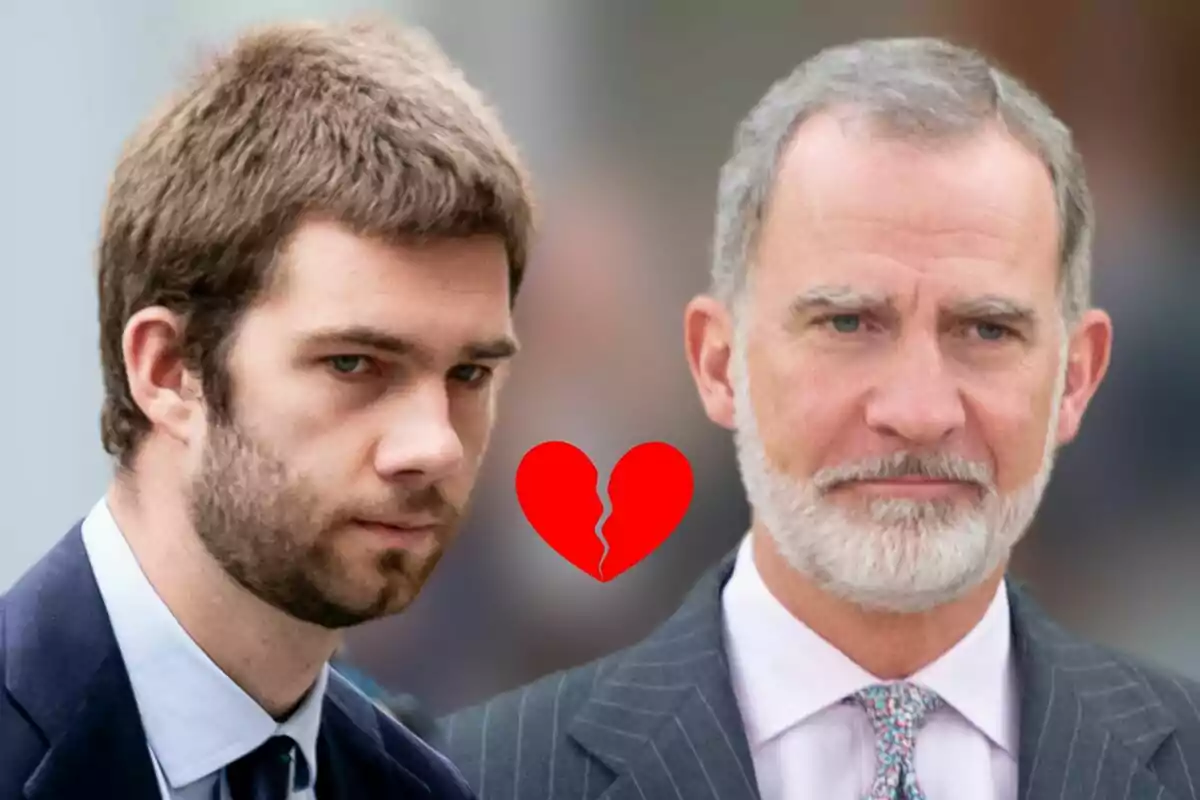 Montaje de fotos de Juan Urdangarin y el rey Felipe VI en primer plano con el rostro serio y un corazón rojo partido entre ellos.