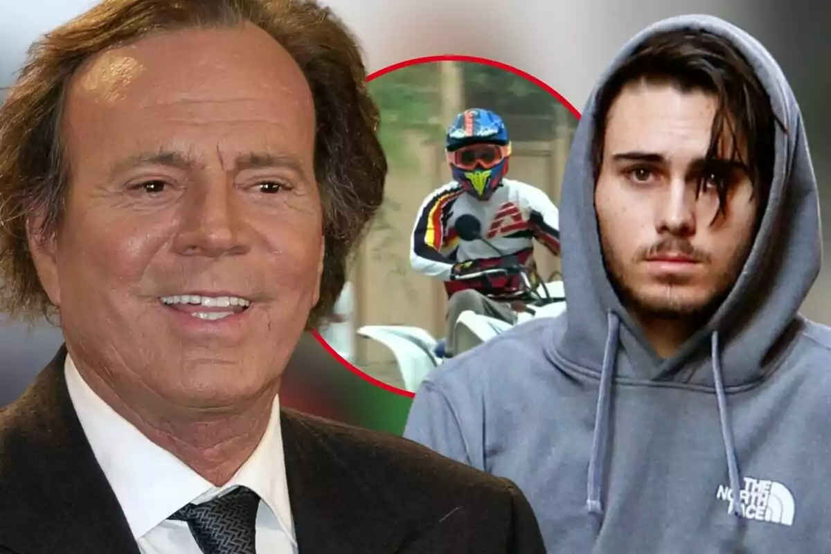 Montaje de fotos de Julio Iglesias en primer plano sonriendo junto a su hijo Miguel, quien tiene el rostro serio, y entre ellos una imagen circular del incidente de Miguel Iglesias con la prensa.