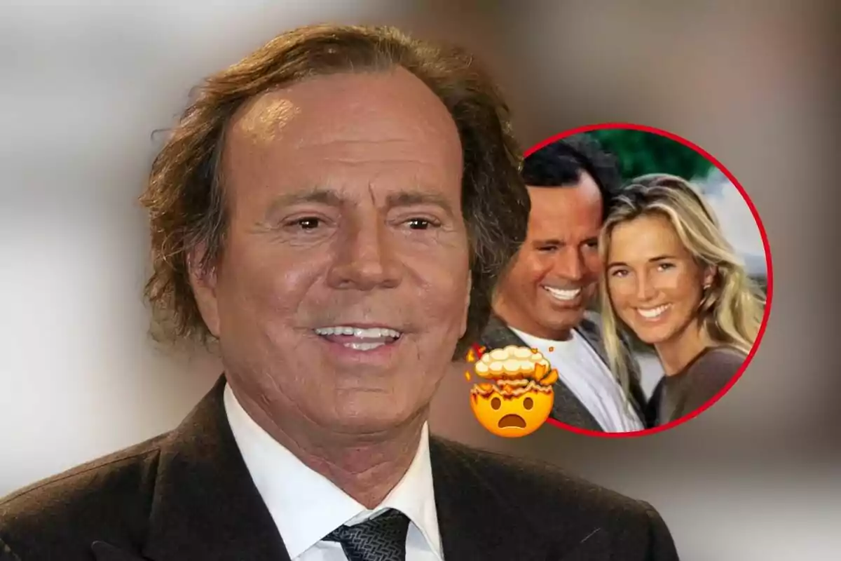 Julio Iglesias sonriente con una imagen circular en la esquina superior derecha que muestra a él junto a Miranda Rijnsburger sonriendo y un emoji de cabeza explotando.