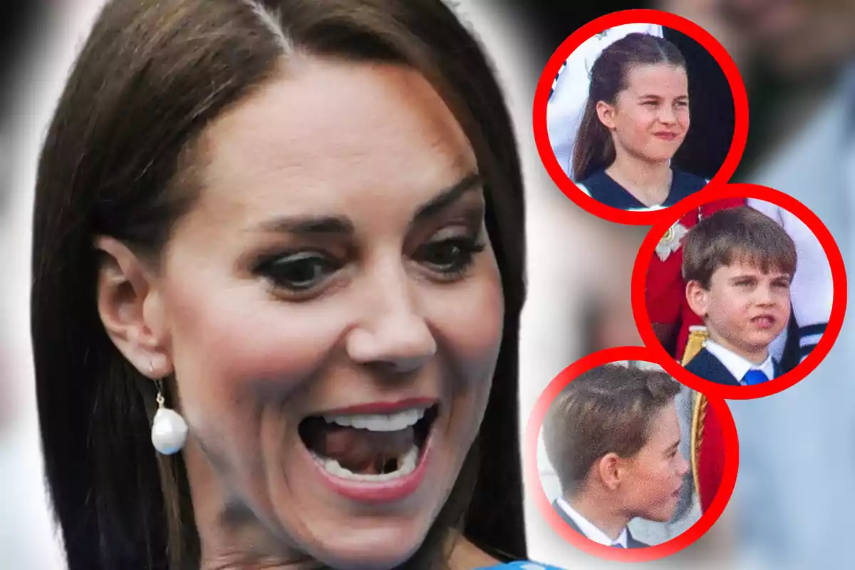 Primer plano de Kate Middleton con cara de sorpresa y una imagen de sus tres hijos en círculos rojos a su lado.