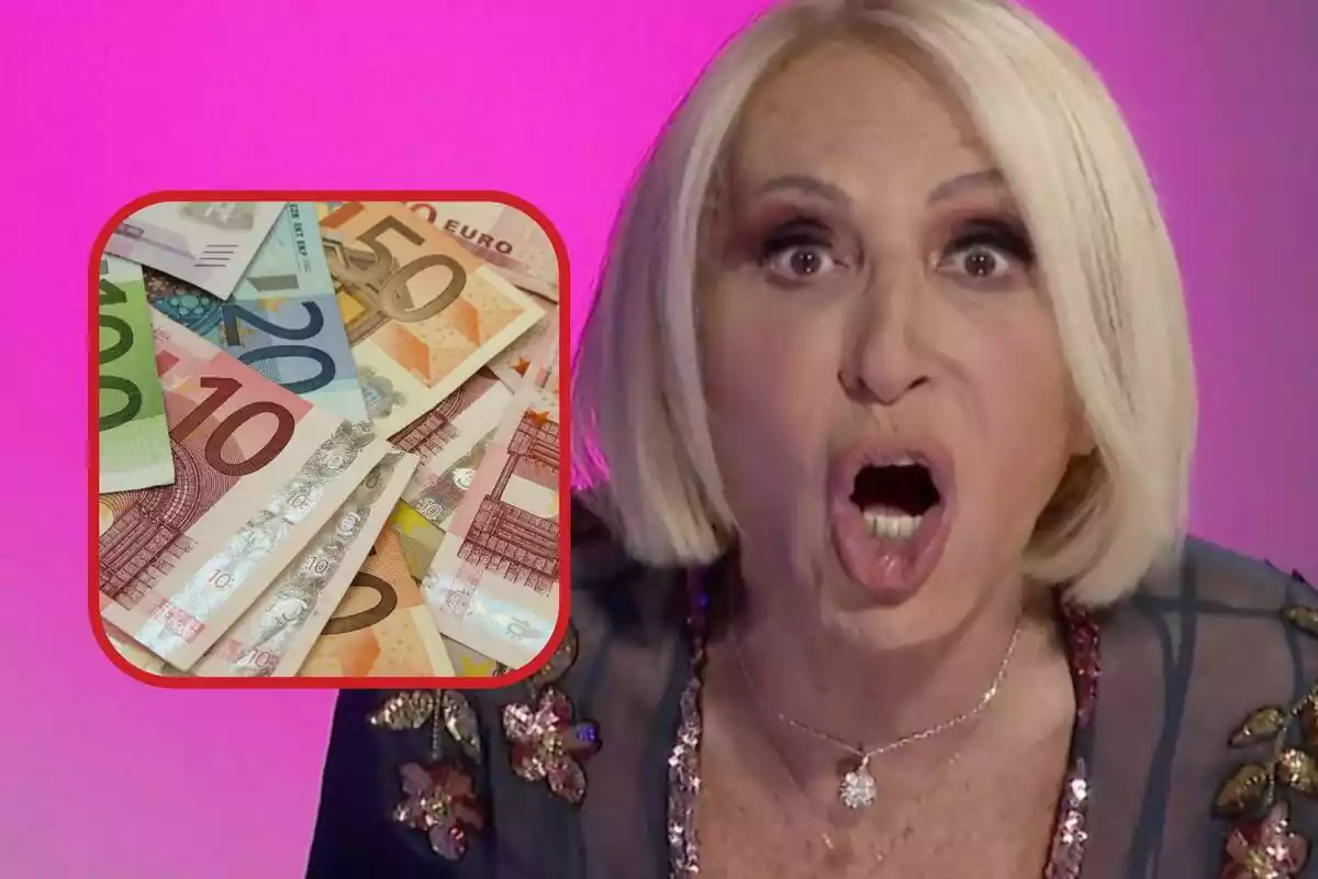 Montaje de fotos de la concursante de 'GH VIP' Laura Bozzo muy sorprendida y una imagen de un cúmulo de billetes