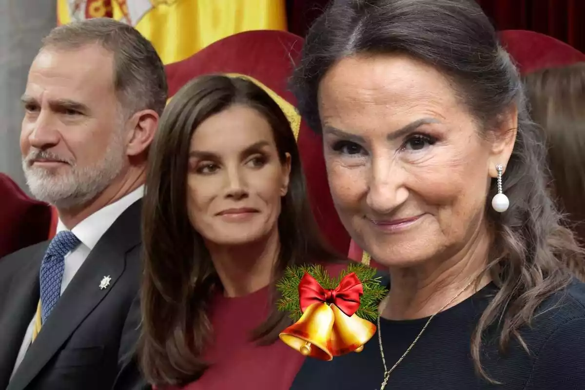 Montaje de fotos con Paloma Rocasolano en primer plano con unas campanas de Navidad y una imagen de los Reyes, Felipe VI y Letizia