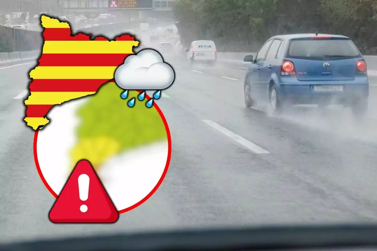 Carretera mojada con coches circulando bajo la lluvia y un gráfico de advertencia meteorológica sobre Cataluña.