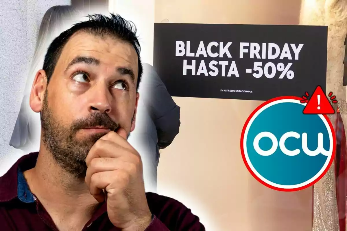 Hombre pensativo frente a un cartel de Black Friday con descuento del 50% y el logo de OCU.