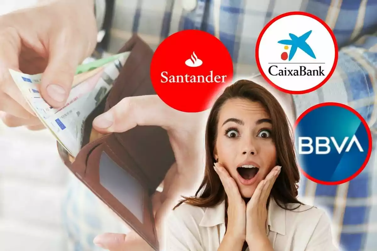 Persona sorprendida junto a una billetera con billetes y logotipos de bancos como Santander, CaixaBank y BBVA.