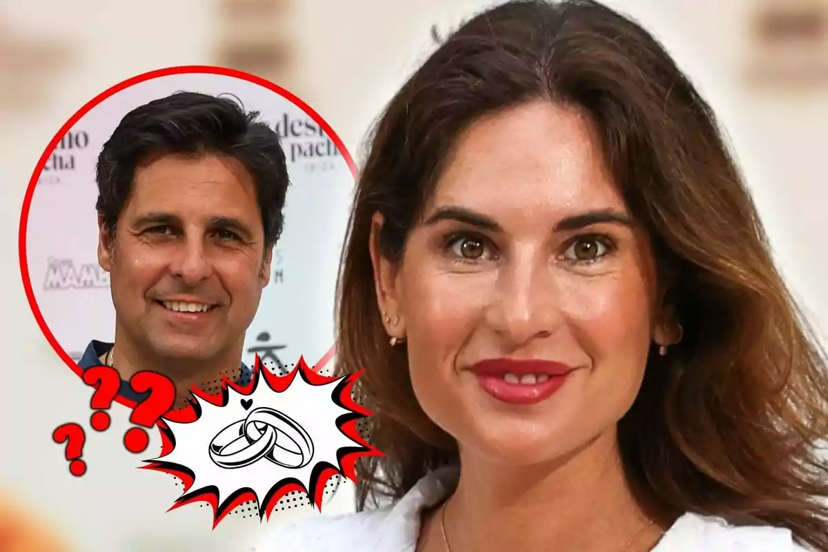 Lourdes Montes sonriente en primer plano con Fran Rivera en un círculo rojo en el fondo y un gráfico de anillos de boda y signos de interrogación.