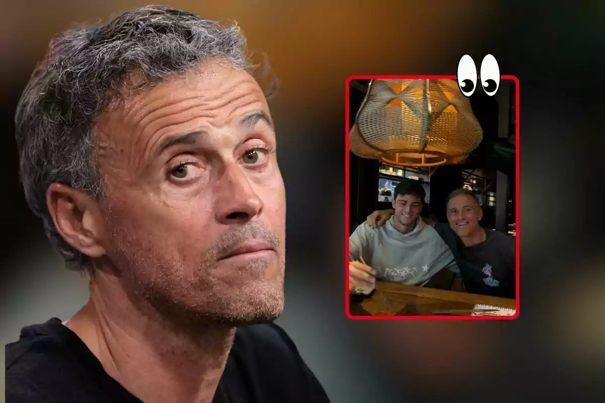 Montaje de fotos de Luis Enrique en primer plano con el rostro serio y una imagen de él junto a su hijo Pacho comiendo en un restaurante.