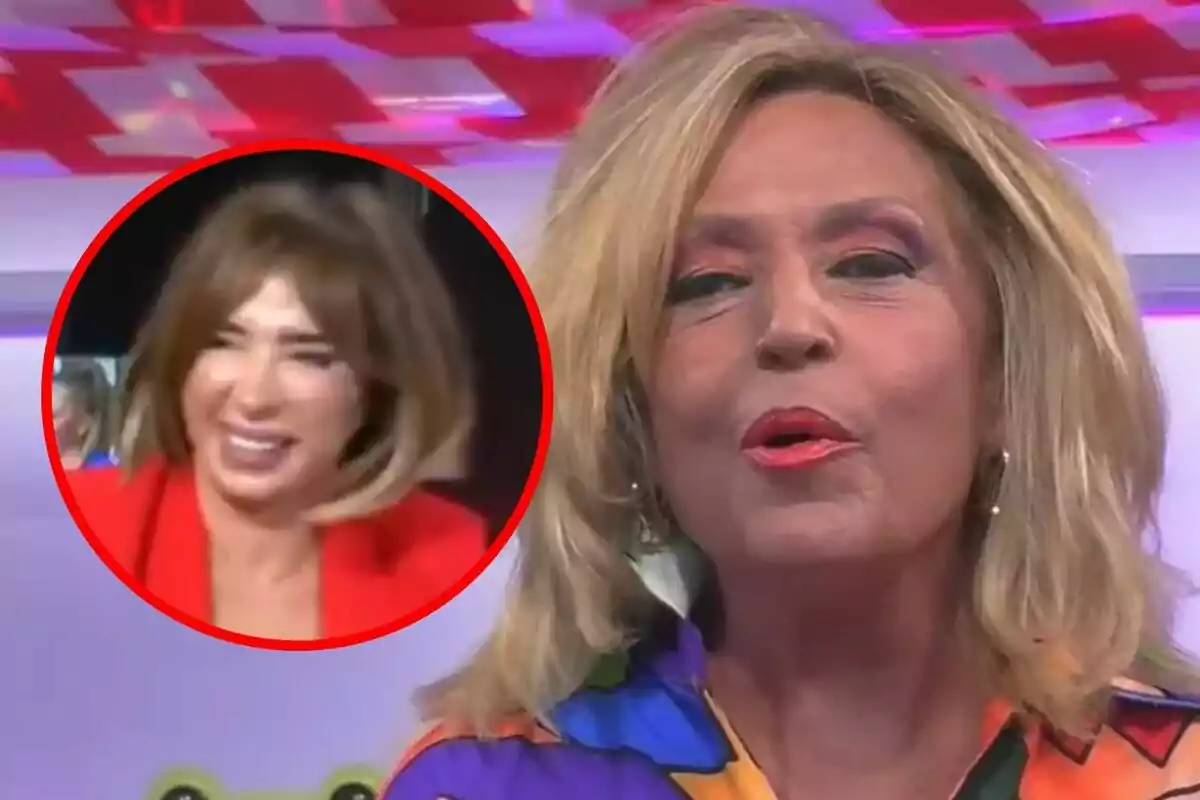 María Patiño y Lydia Lozano en un programa de televisión, una en primer plano con cabello rubio y otra en un recuadro circular con cabello castaño.