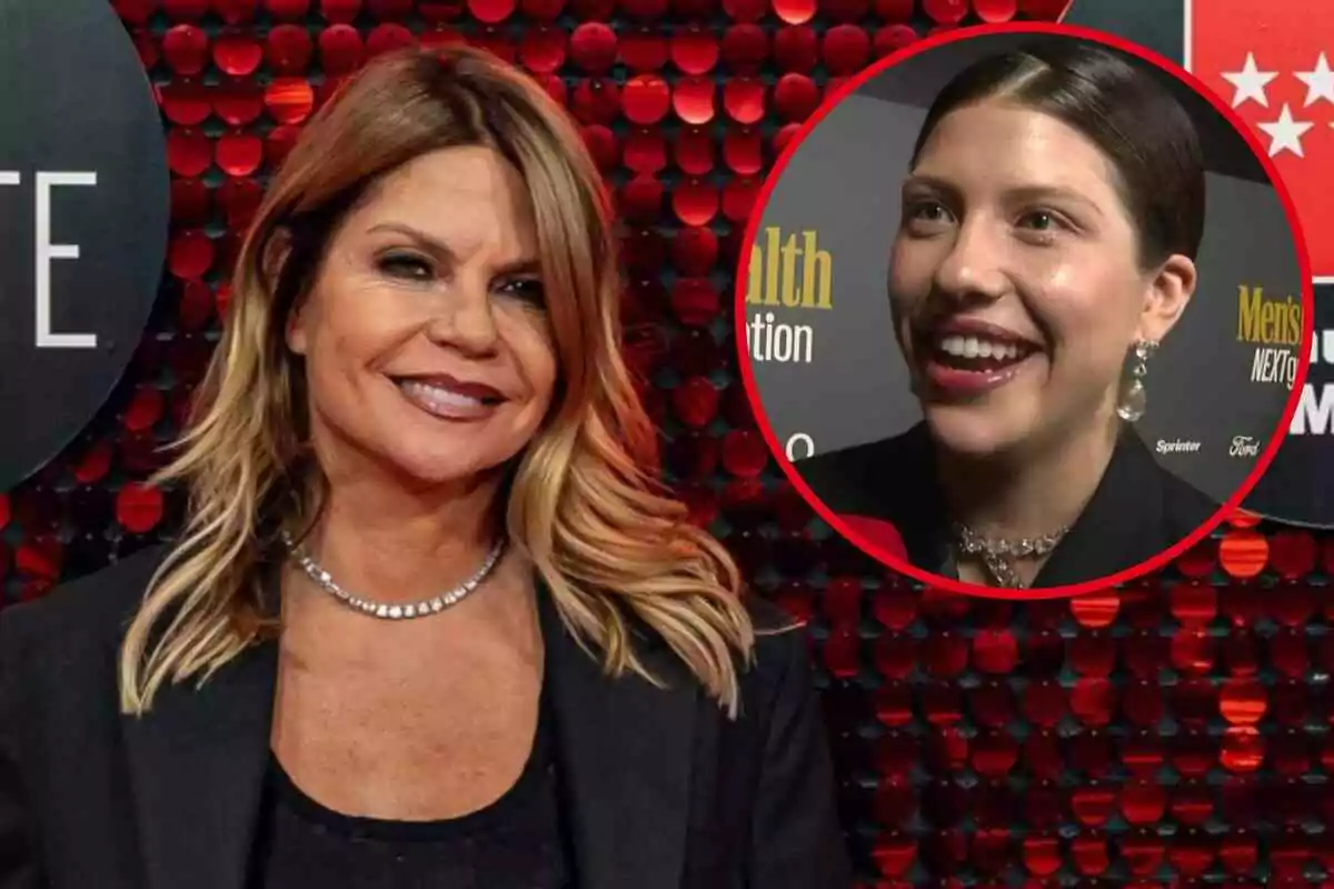 Makoke sonriente con cabello rubio y un collar de diamantes en un fondo de círculos rojos con una imagen insertada de Anita Matamoros sonriendo. Makoke sonriente con cabello rubio y un collar de diamantes en un fondo de círculos rojos con una imagen insertada de Anita Matamoros sonriendo.