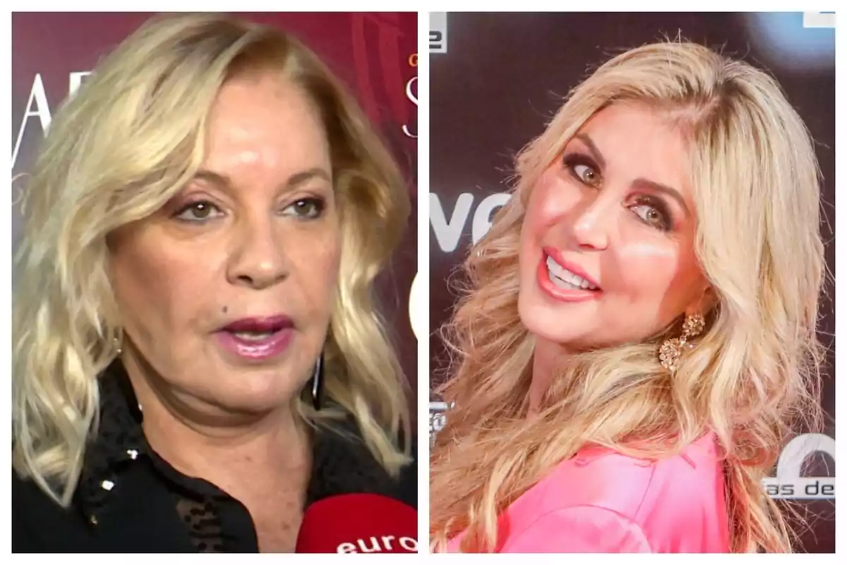 Dos mujeres rubias, una de ellas es Bárbara Rey y la otra es Malena Gracia, ambas posando en un evento con fondo de logotipos. Dos mujeres rubias, una de ellas es Bárbara Rey y la otra es Malena Gracia, ambas posando en un evento con fondo de logotipos.