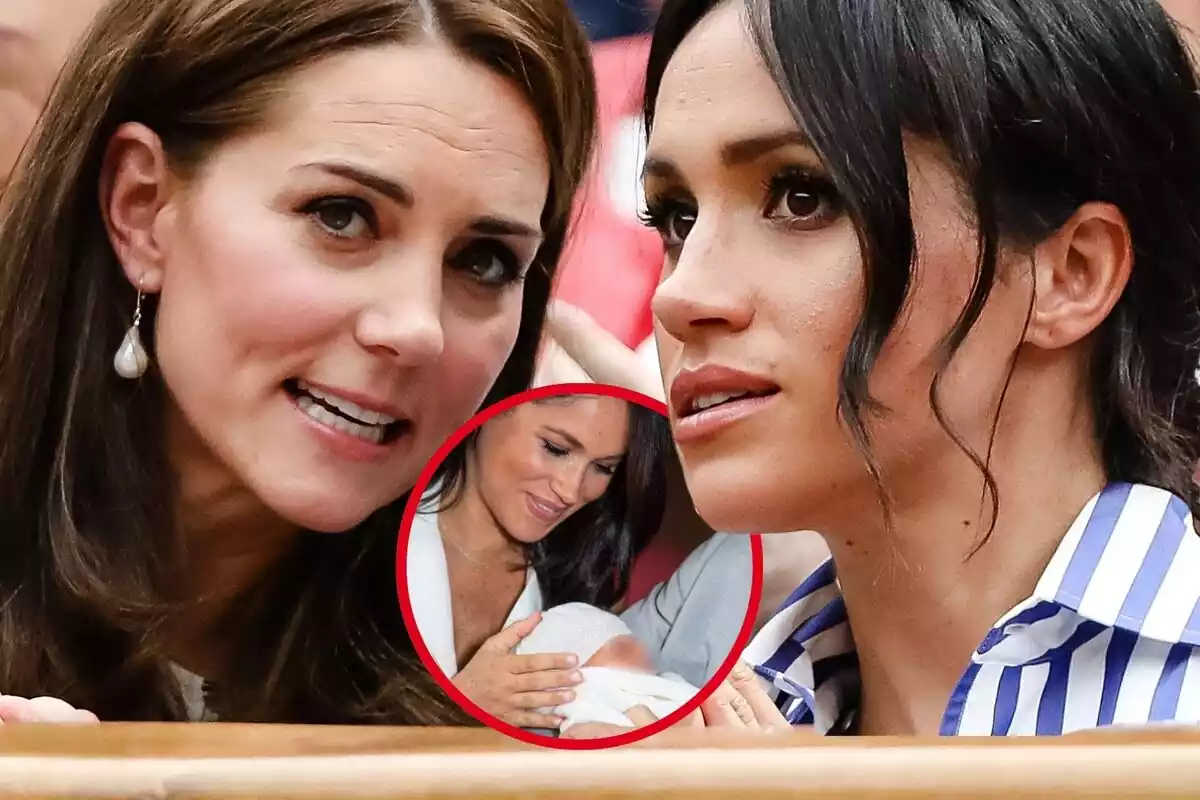 Montaje de fotos de Kate Middleton hablando con Meghan Markle en primer plano y una imagen circular de Meghan con uno de sus hijos
