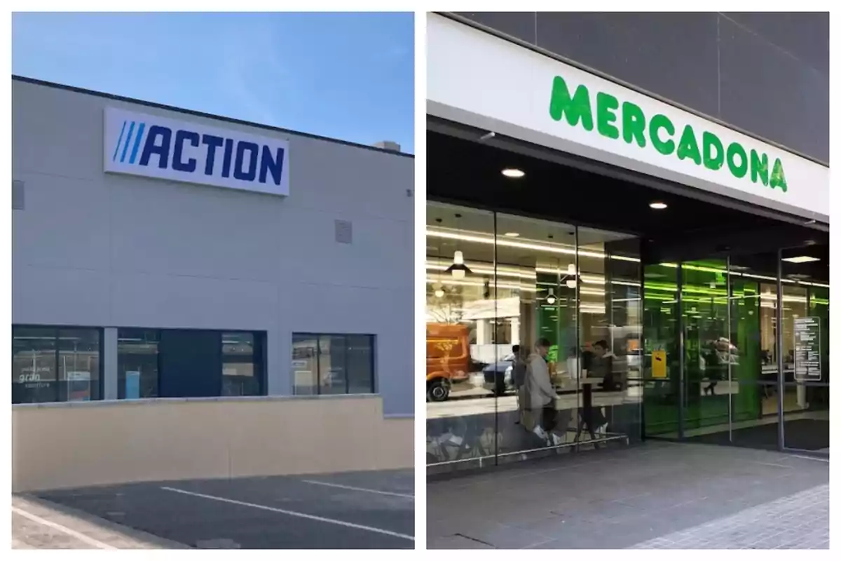 Dos fachadas de tiendas, una de Action y otra de Mercadona. Dos fachadas de tiendas, una de Action y otra de Mercadona.