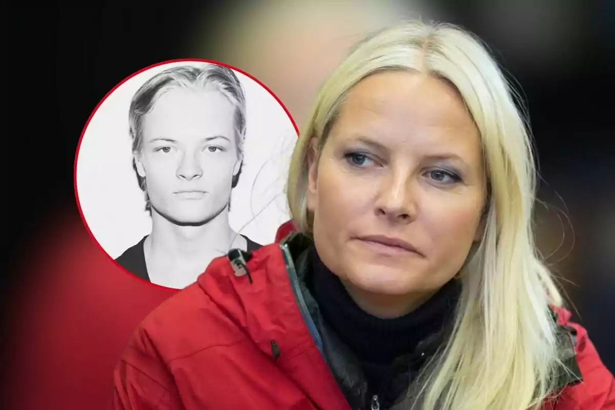 Montaje de fotos de Mette-Marit de Noruega en primer plano con el rostro ser io mirando a un lado y una imagen circular de su hijo, Marius Borg.