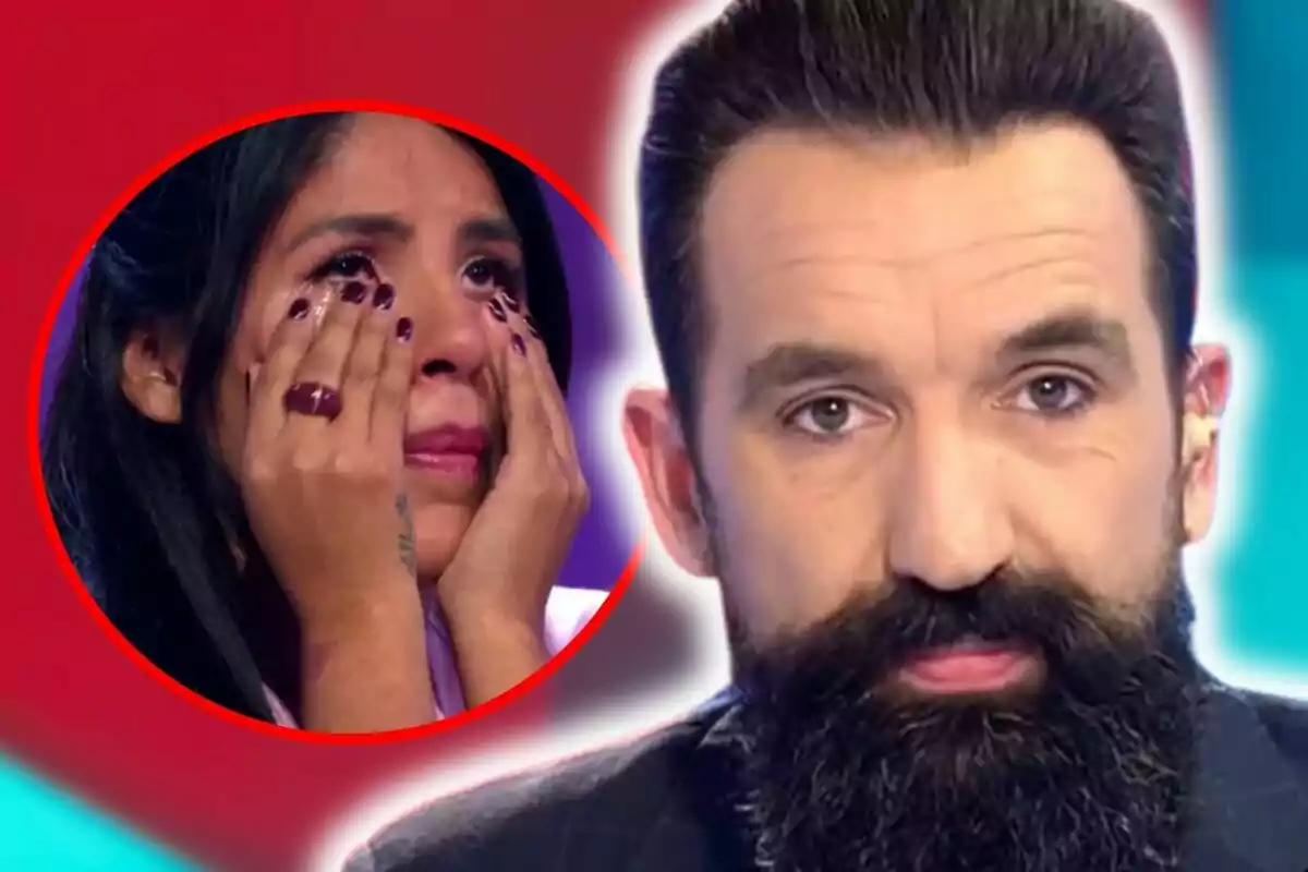 Miguel Largo con barba larga mira a la cámara con rostro serio mientras en un círculo rojo se muestra a Isa Pantoja llorando y cubriéndose el rostro con las manos.