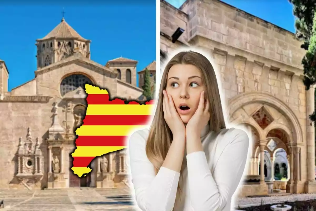 Una mujer con expresión de sorpresa aparece frente a un fondo que muestra una iglesia histórica y un mapa de Cataluña con la bandera catalana.