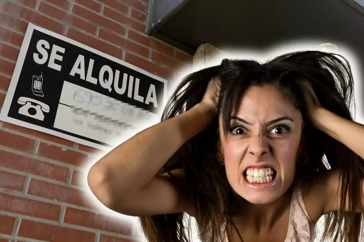 Mujer con expresión de frustración frente a un cartel de "Se Alquila" en una pared de ladrillo.