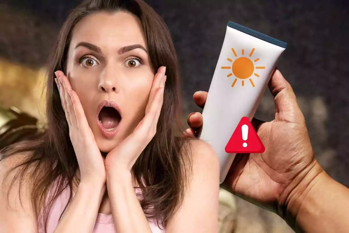 Montaje de fotos de una mujer muy sorprendida en primer plano y una mano sosteniendo un protector solar con una advertencia