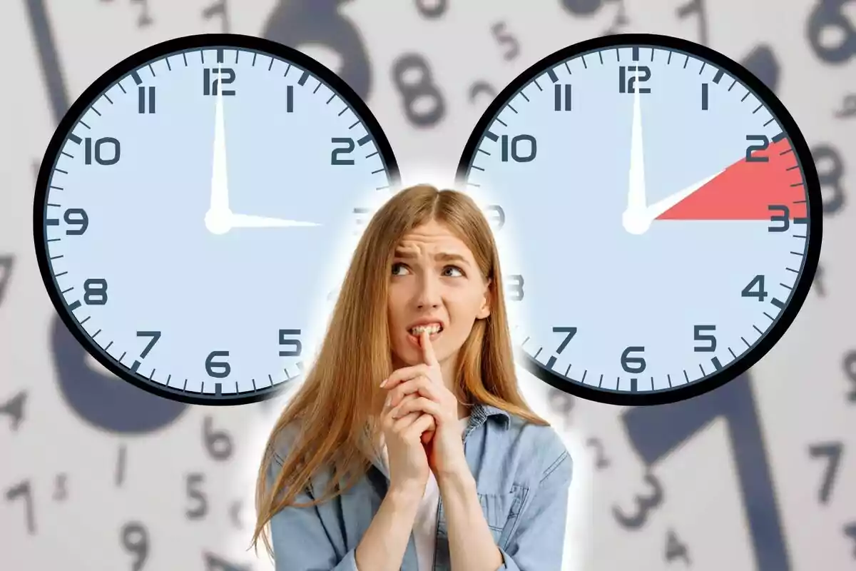 Una mujer con expresión pensativa está frente a dos relojes que muestran diferentes horas, con un fondo de números desenfocados.