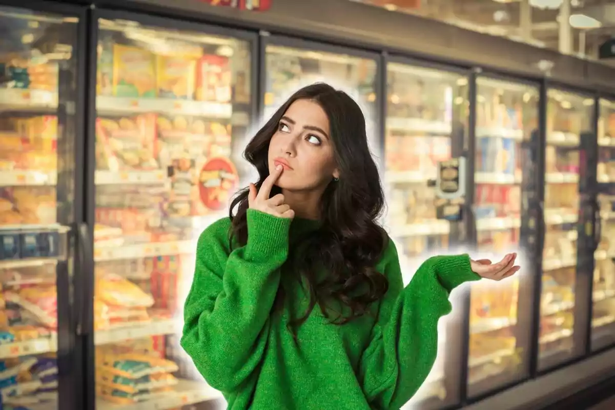 Mujer con una sudadera verde en un supermercado mirando pensativa hacia arriba frente a estantes de productos congelados.