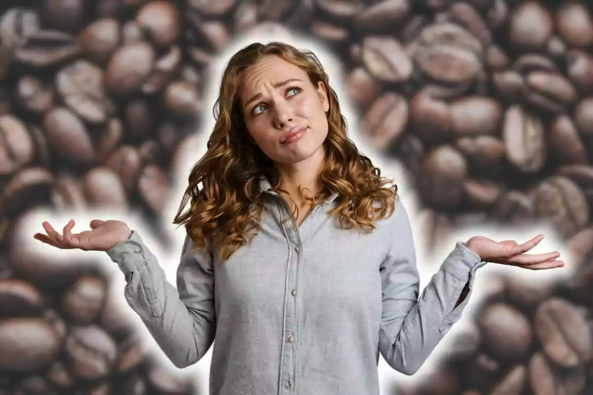 Mujer con expresión de duda y fondo de granos de café.