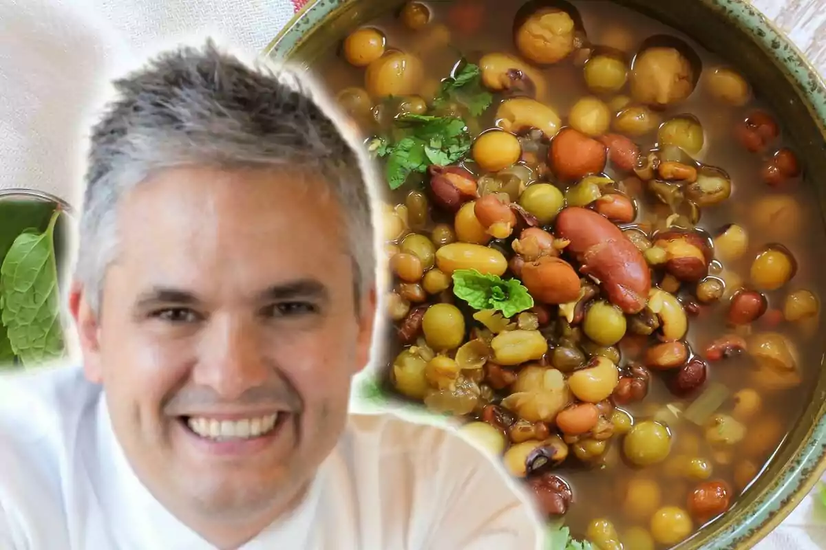 Montaje de fotos de primer plano de Nandu Jubany junto a un plato de sopa de legumbres.