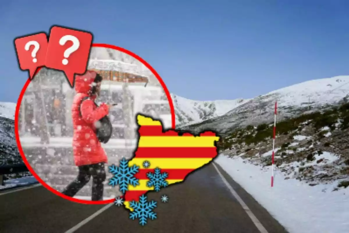 Una carretera nevada en un paisaje montañoso con un gráfico de una persona caminando bajo la nieve y un mapa de Cataluña con franjas amarillas y rojas y copos de nieve.