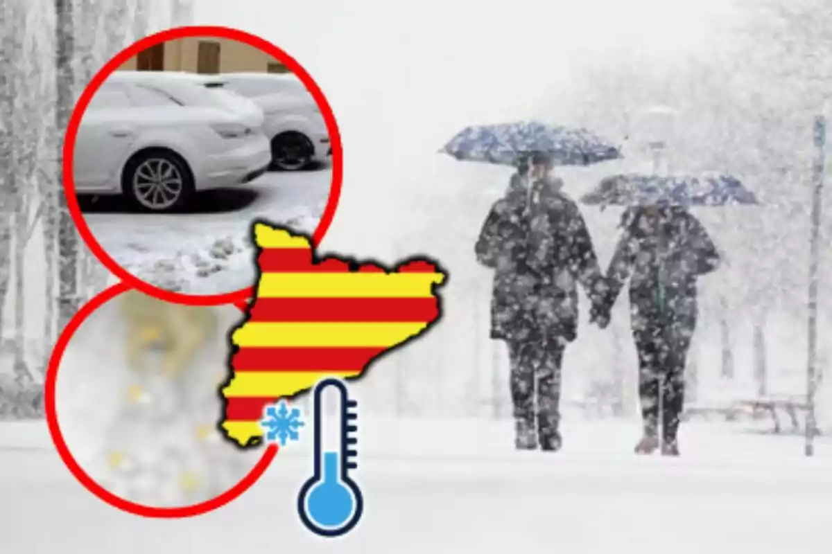 Dos personas caminan bajo la nieve con paraguas, mientras que un mapa con franjas amarillas y rojas y un termómetro indican bajas temperaturas; en un círculo se ven coches cubiertos de nieve.