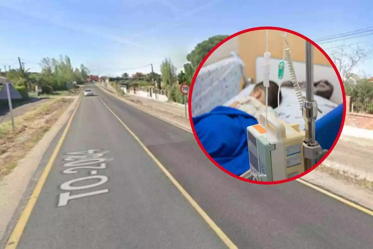 Montaje de fotos de un niño tumbado en una cama de hospital y una captura de una calle del municipio de El Viso de San Juan (Toledo)