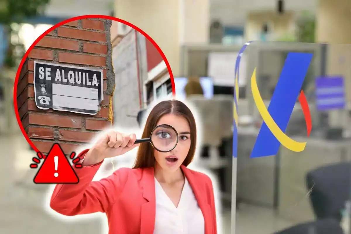 Una mujer con una lupa en la mano, un signo de advertencia y un cartel de "Se Alquila" en un fondo de oficina con el logotipo de una institución.