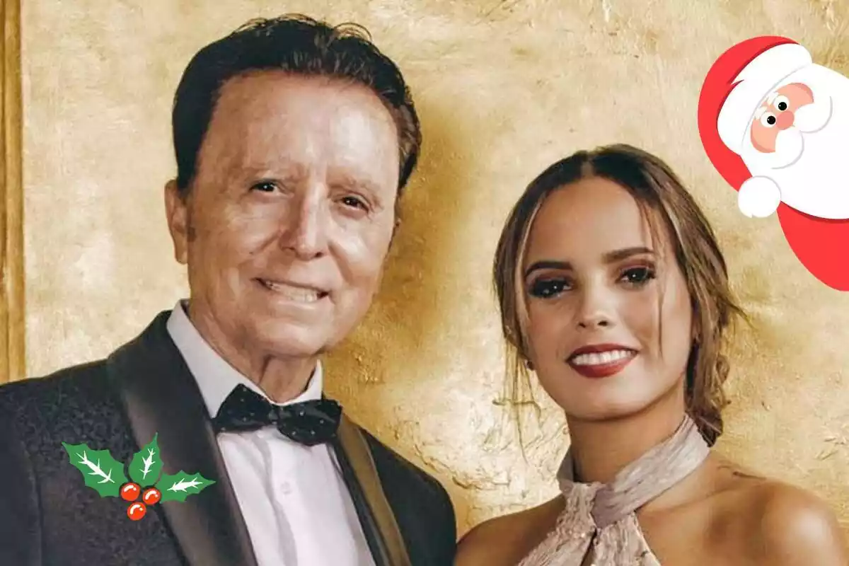 Montaje de fotos con una imagen de José Ortega Cano junto a su hija, Gloria Camila, sonriendo a cámara y un dibujo de Papá Noel