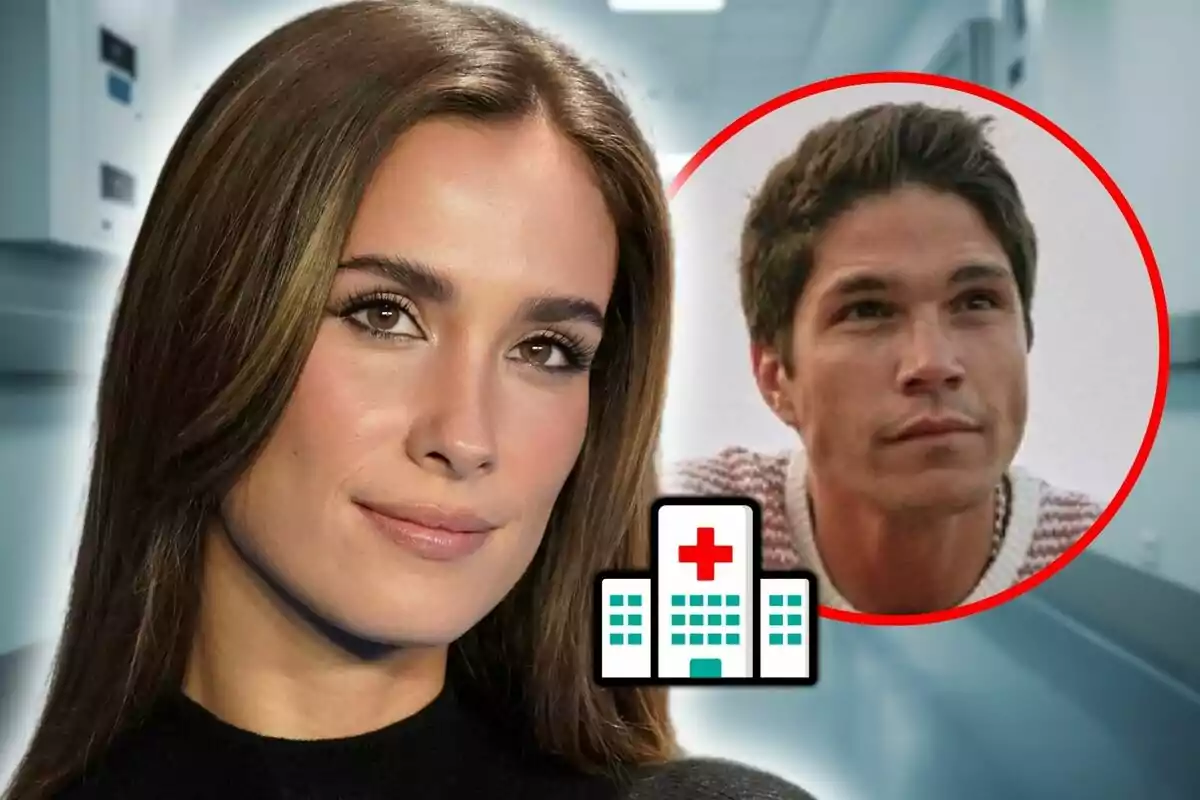 Montaje de fotos de María Pombo con cabello castaño claro y rostro serio; al lado, Pablo Castellano en un círculo rojo con un ícono de hospital en un fondo de pasillo.