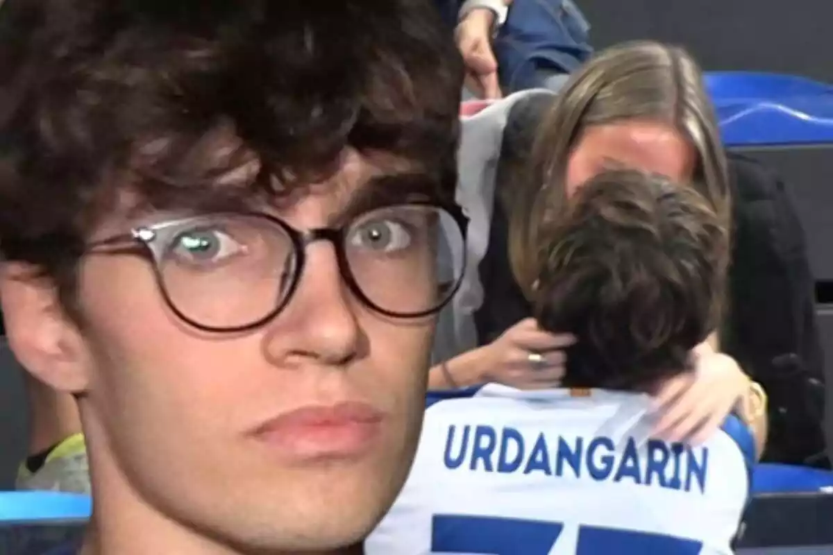Montaje de fotos de Pablo Urdangarin en primer plano serio y una imagen de él besando a Johanna Zott durante un partido de fondo